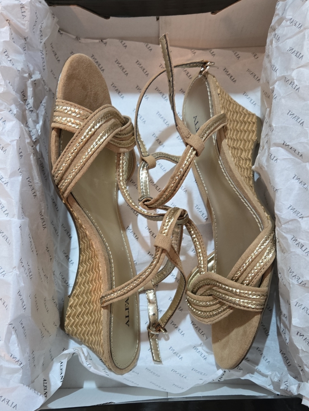 Alfani Tan + Gold Braided Strap Ankle Wedge Sandals.  Sz 6M NEW IN BOX